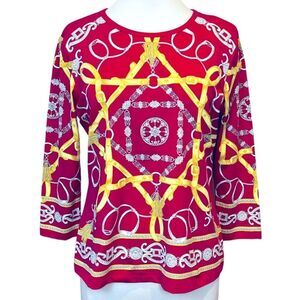 J.MCLAUGHLIN Signature Stretch Tee Top Neo Herald Tassel Red Gold Scarf Print XL